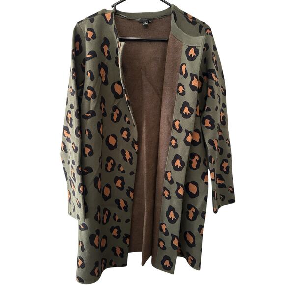 Ann Taylor Factory Cardigan Open Front Leopard Sweater Olive/Orange Size Medium - Picture 1 of 7